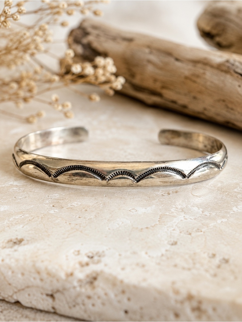 Vintage Tahe Sterling Silver Hand-Stamped Cuff Bracelet | Native American Navajo